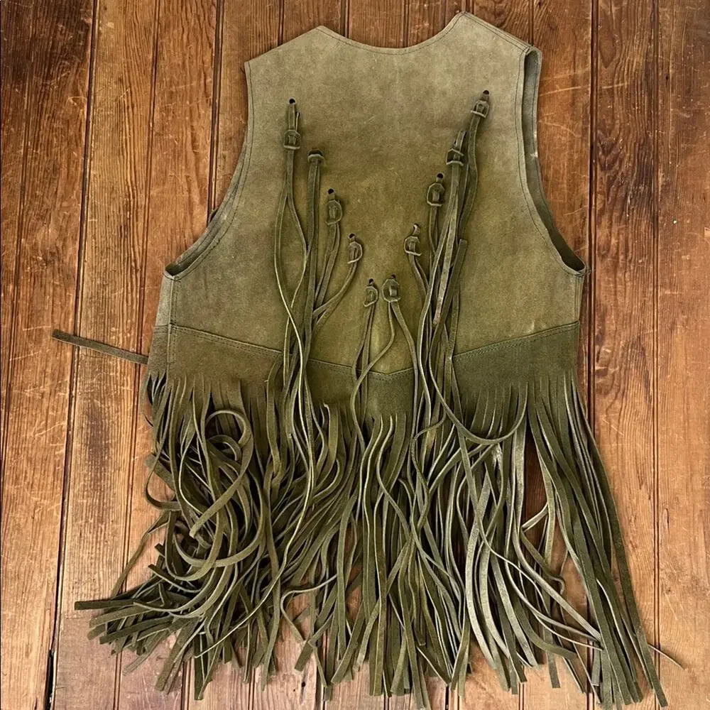 Vintage Fringed Suede Hippie Vest in Olive Green - Picture 4 of 4